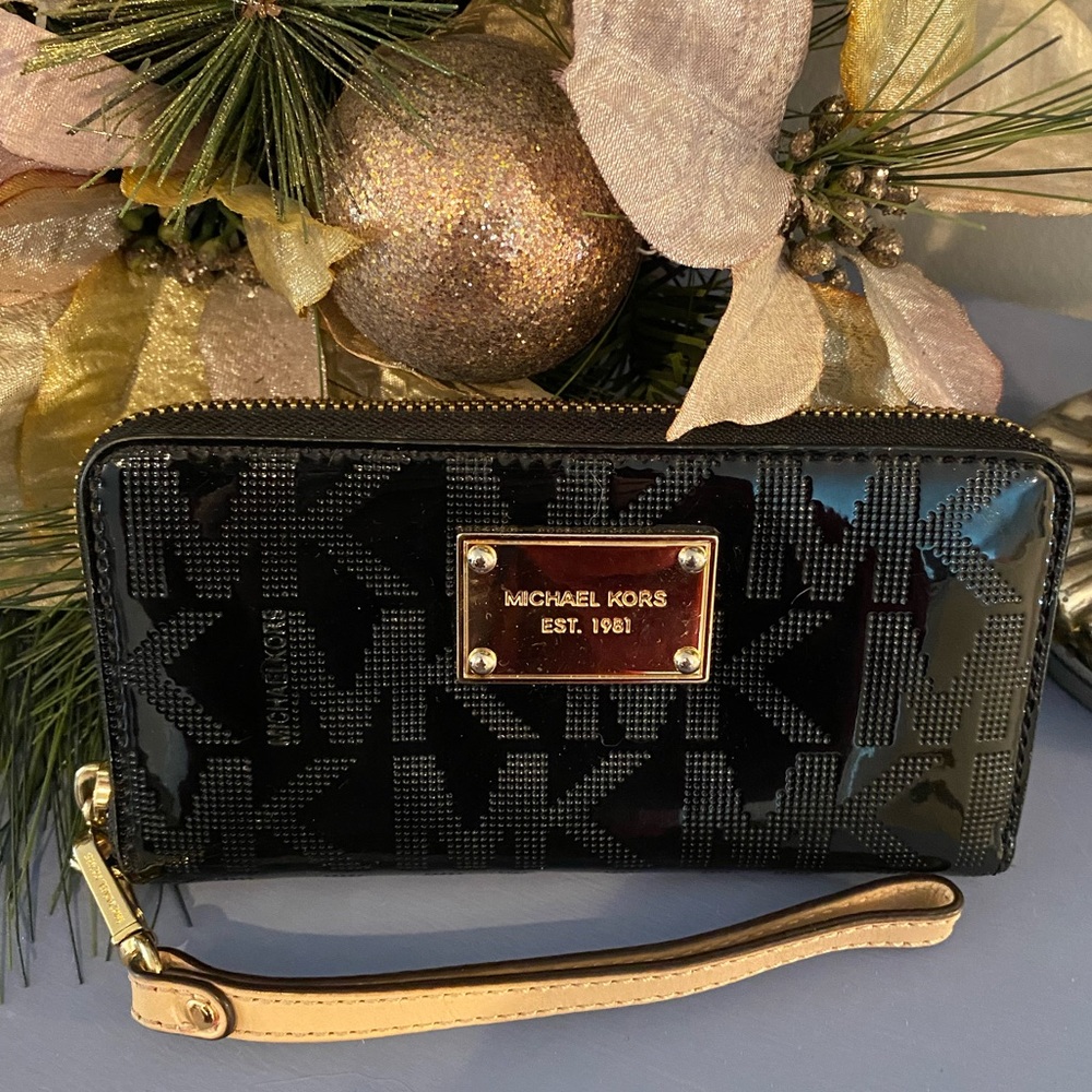 Michael Kors black patent wristlet.